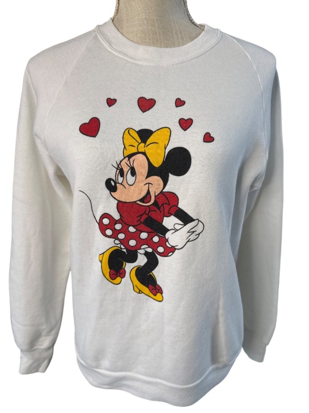 Minnie Mouse White Sweatshirt With Hearts Graphic Size M Lightweight & Comfy